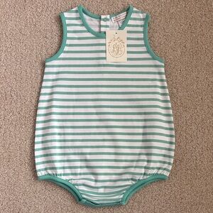 NWT The Beaufort Bonnet Company Patton Play Bubble in Turks Teal Stripe, size 2